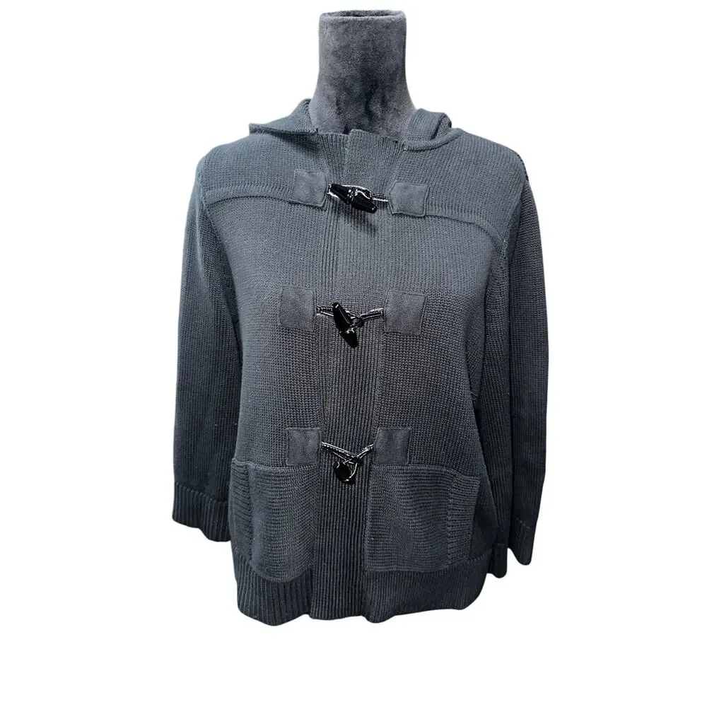Lauren Ralph Lauren Cardigan Sweater Toggle Closure Hood Black M Timeless Preppy - Picture 2 of 13